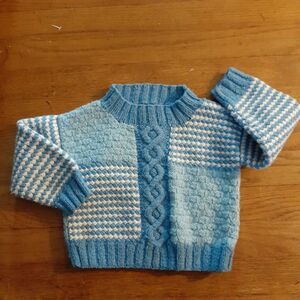 Toddler boys sweater handmade hand knitted blue white winter top 2t 24 vintage